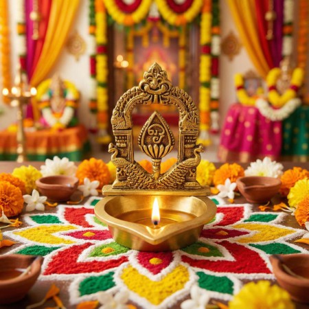 Spear Peacock (Vel & Mayil) Lamp in Kamakshi Diya model